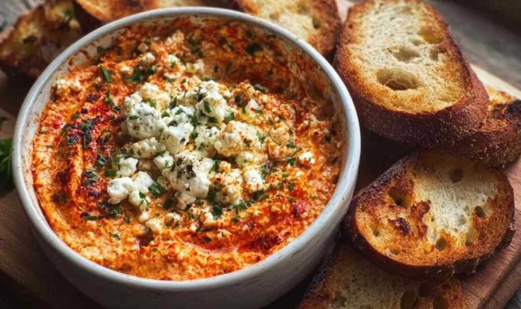 Cremiger Ajvar-Feta-Aufstrich in Schüssel garniert mit frischen Kräutern und Olivenöl