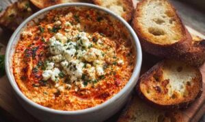 Cremiger Ajvar-Feta-Aufstrich in Schüssel garniert mit frischen Kräutern und Olivenöl