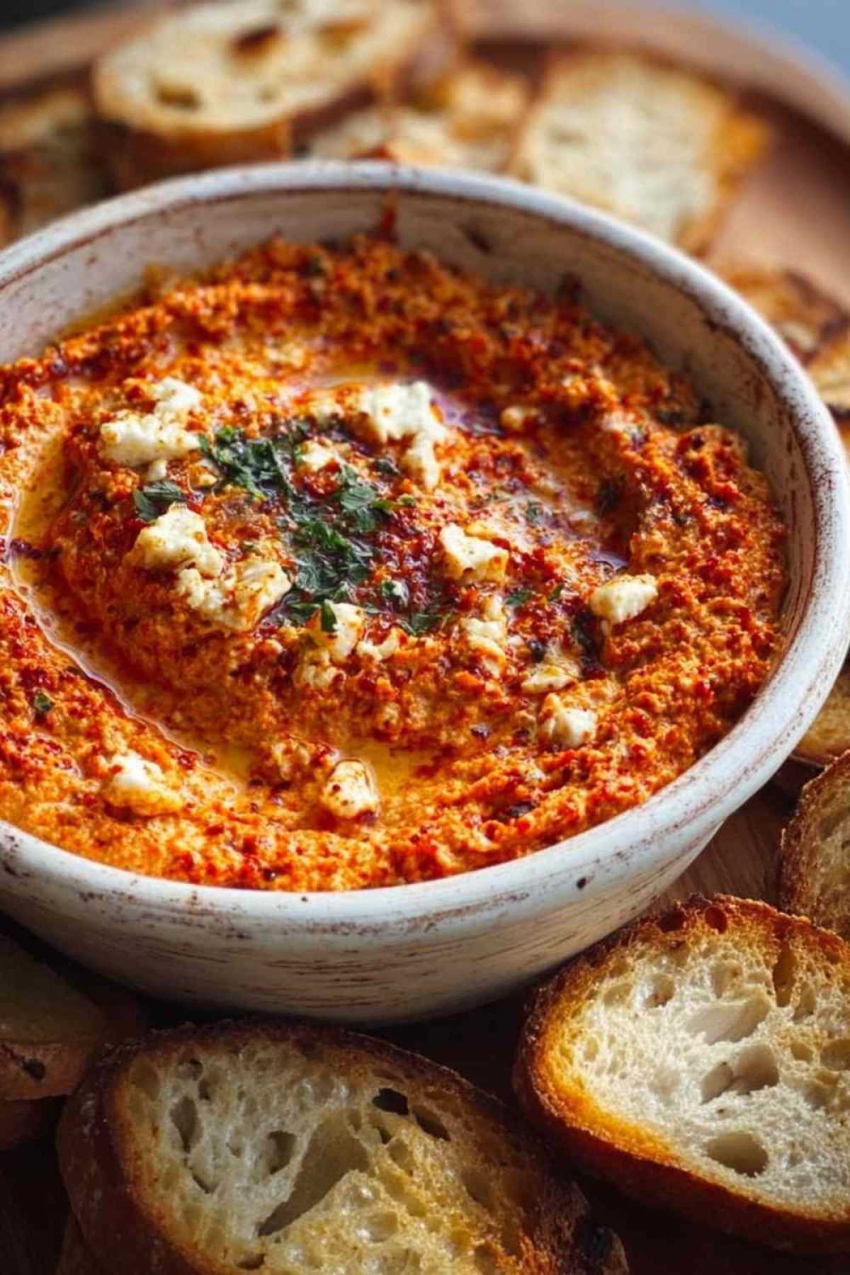 Cremiger Ajvar-Feta-Aufstrich in Schüssel garniert mit frischen Kräutern und Olivenöl