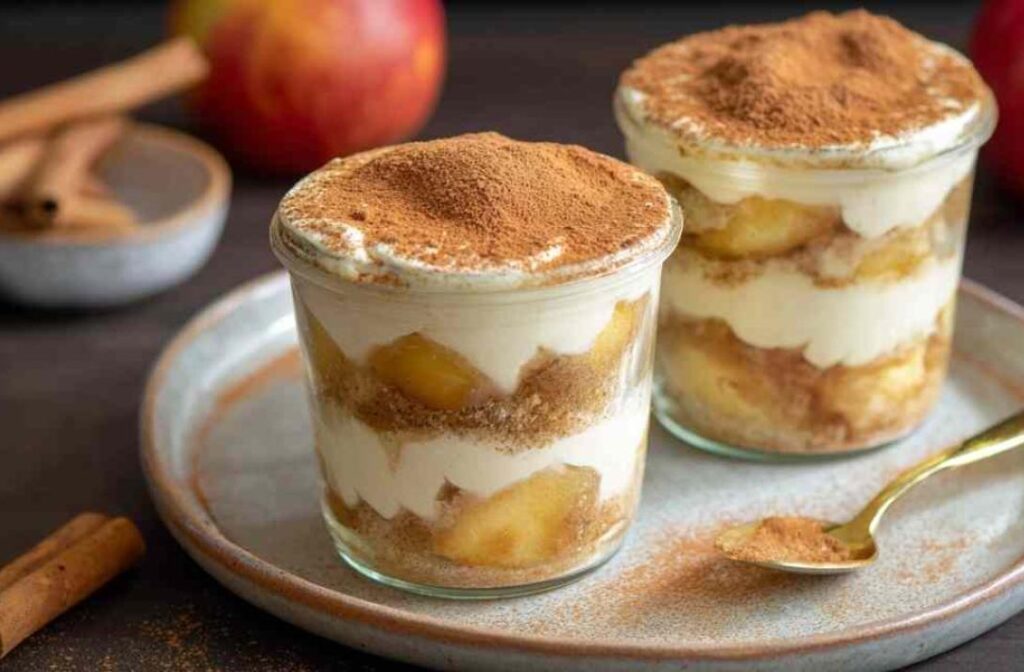 Apfel-Tiramisu in durchsichtigen Gläsern mit Schichten von Mascarpone-Creme und Apfelmus