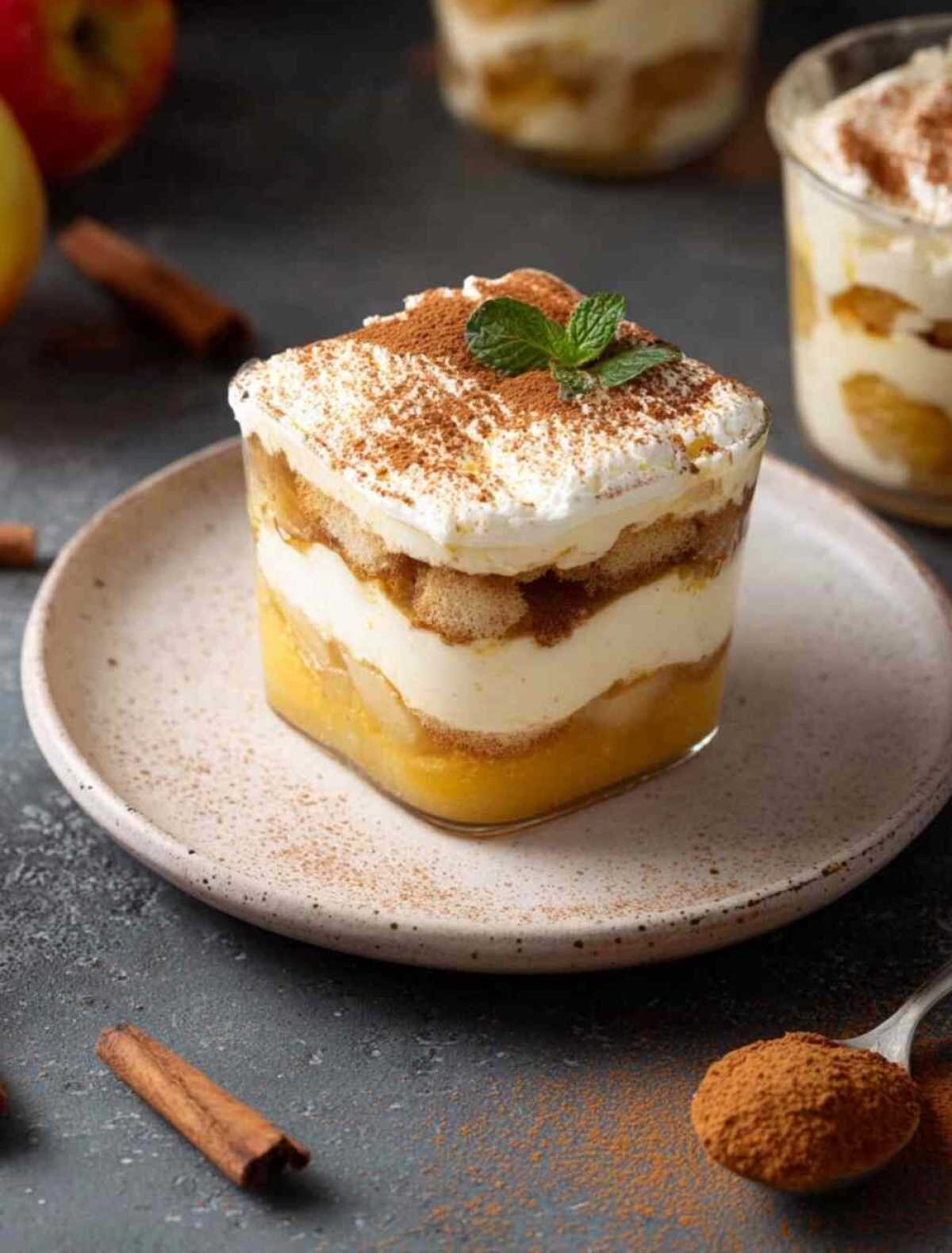 Apfel-Tiramisu in durchsichtigen Gläsern mit Schichten von Mascarpone-Creme und Apfelmus