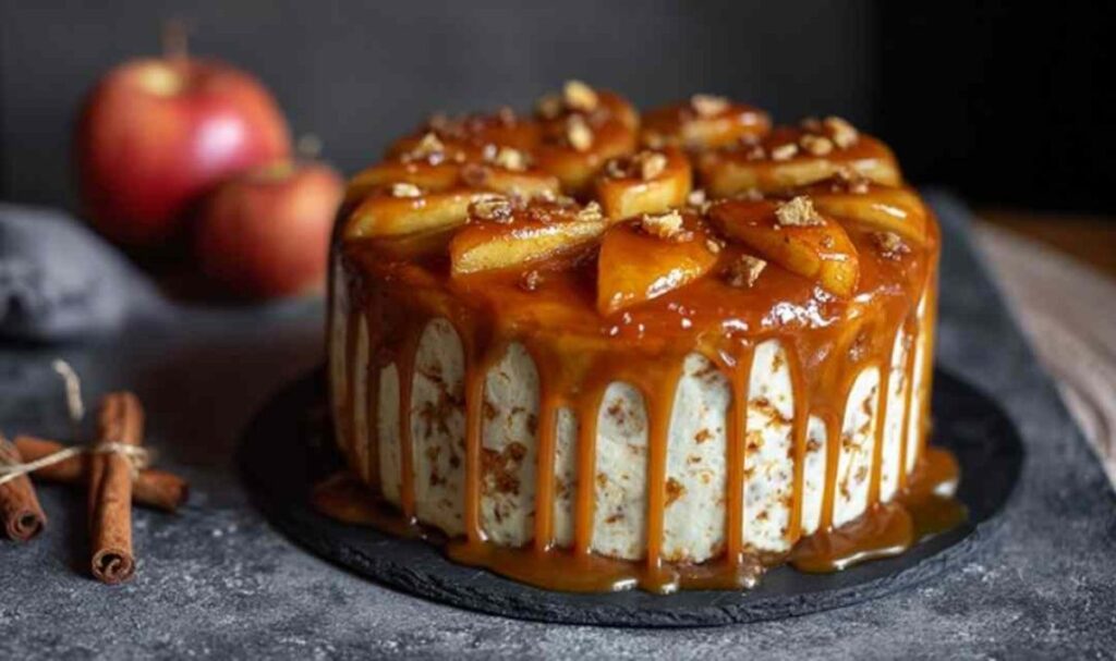 Bratapfeltorte mit Orangen-Zimt-Creme geschichtet mit Bratapfelfüllung und Karamell-Drip Dekoration