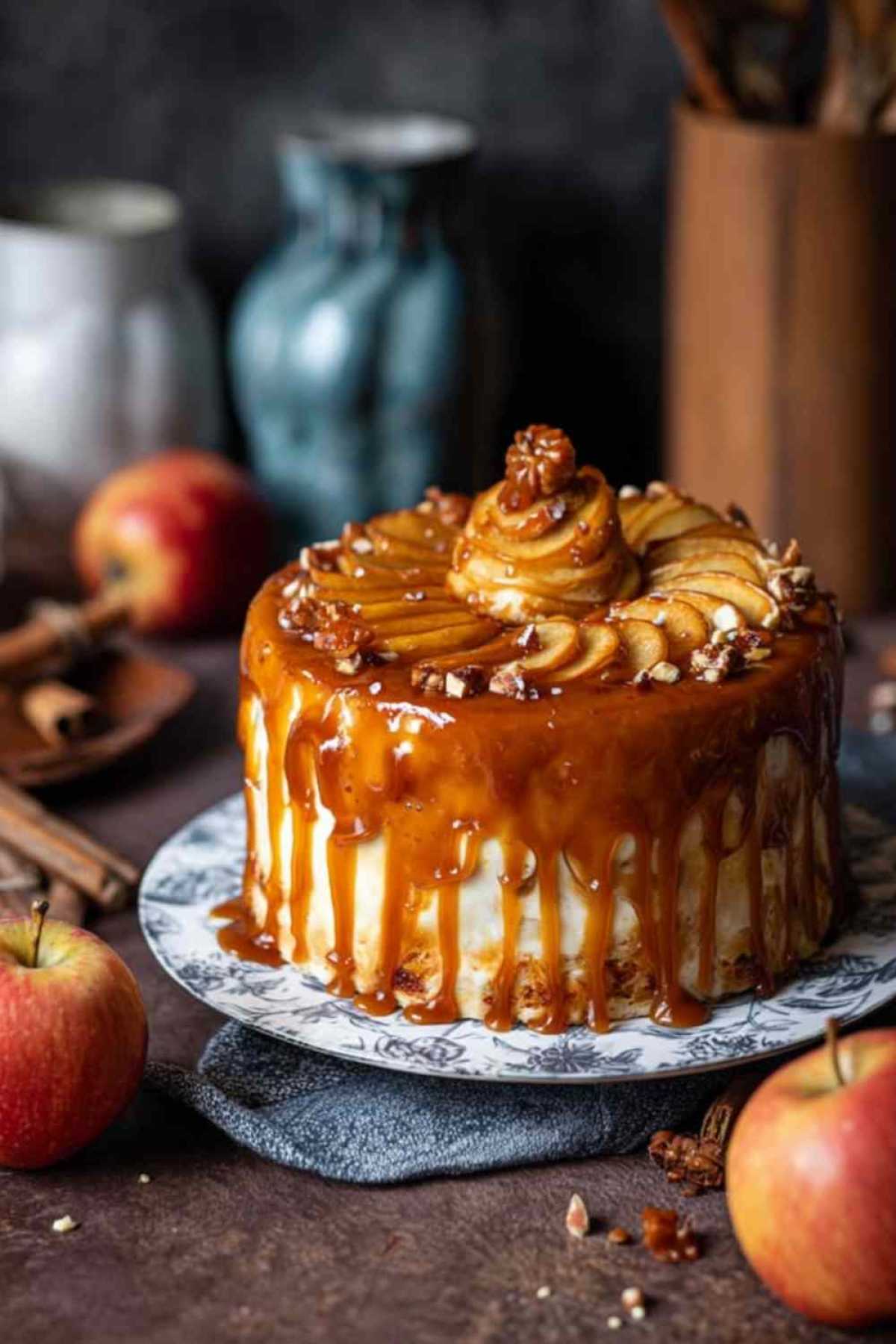 Bratapfeltorte mit Orangen-Zimt-Creme geschichtet mit Bratapfelfüllung und Karamell-Drip Dekoration