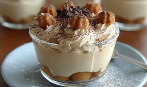 Cappuccino-Creme wie Tiramisu in Gläsern serviert mit Kakaopulver bestäubt