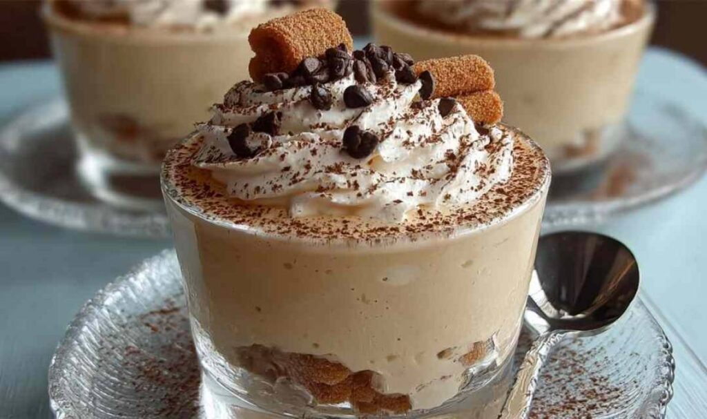 Cappuccino-Creme wie Tiramisu in Gläsern serviert mit Kakaopulver bestäubt