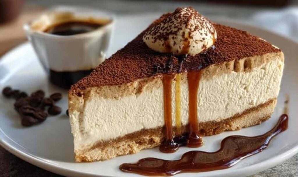 Espresso-Mascarpone-Käsekuchen mit Kakaopulver bestäubt auf weißem Teller