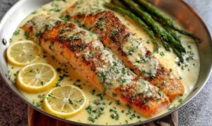 Gebackener Lachs mit Zitronen-Butter-Sahnesauce auf Teller