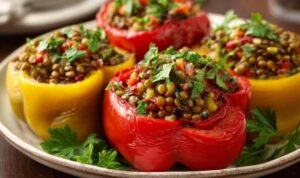 Gefüllte Paprika mit Linsen serviert auf weißem Teller mit frischer Petersilie garniert