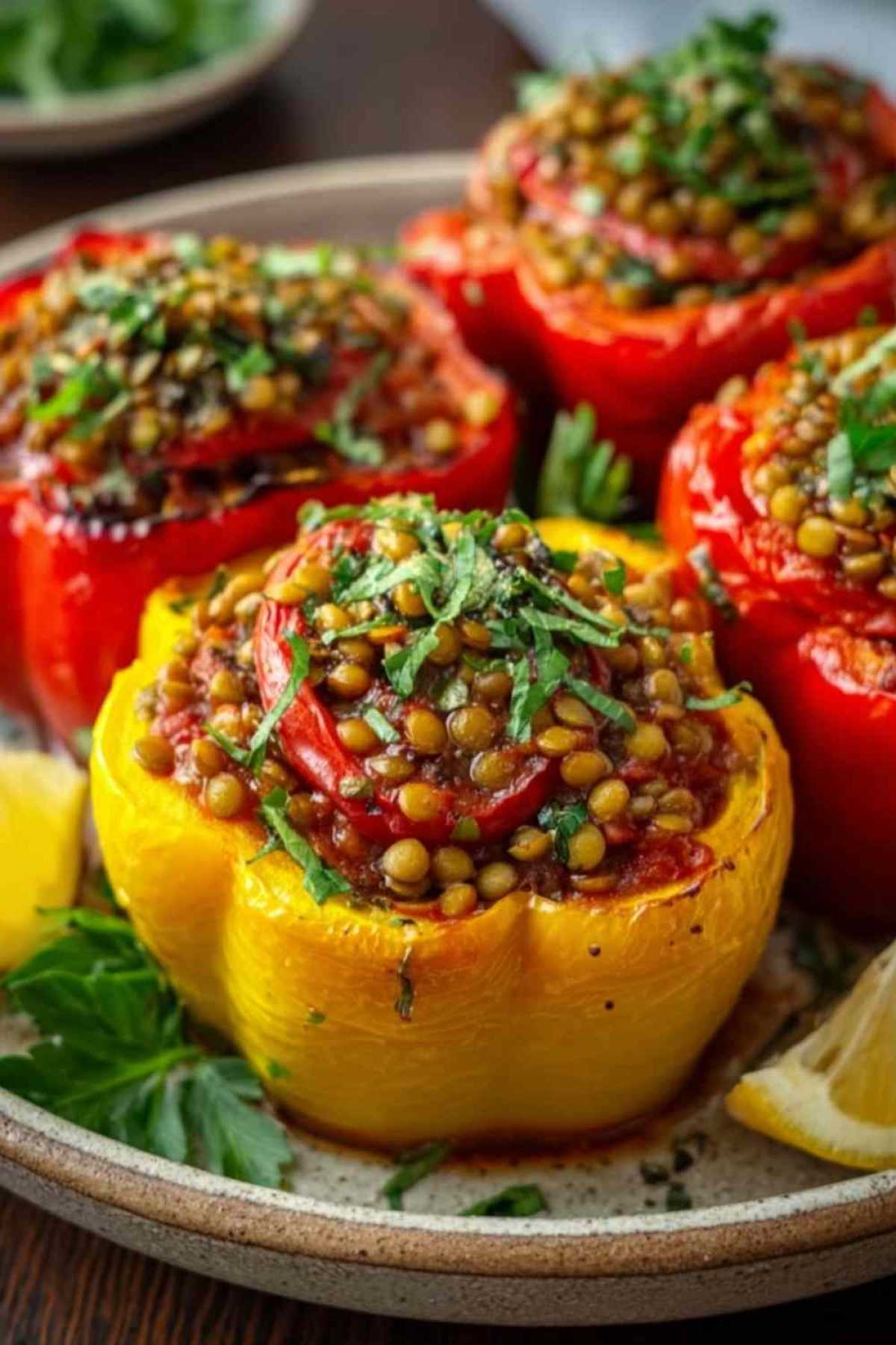 Gefüllte Paprika mit Linsen serviert auf weißem Teller mit frischer Petersilie garniert
