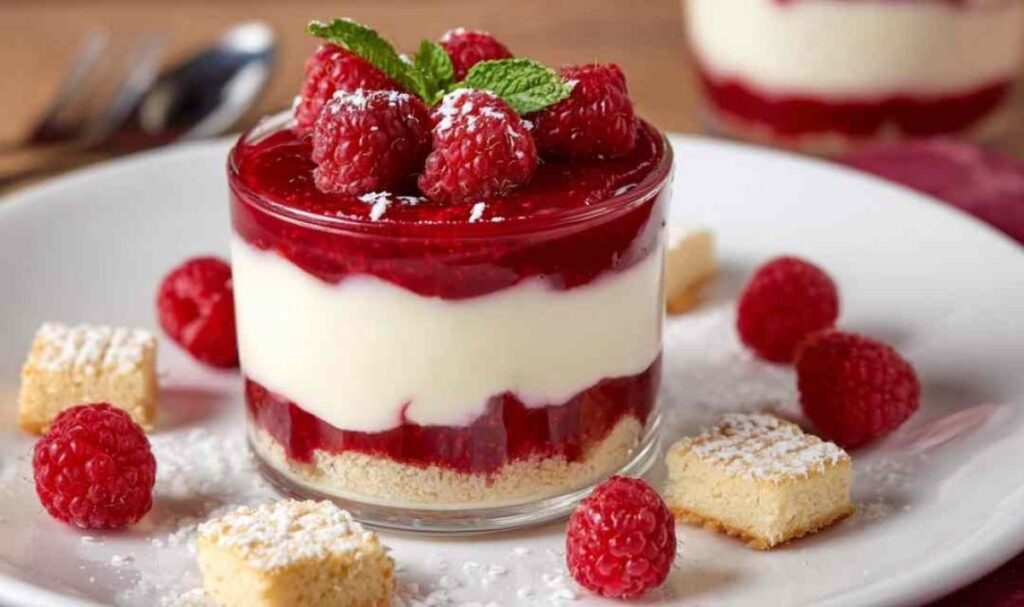 Himbeer-Mascarpone-Creme Dessert in Gläsern mit Schichten von Creme und Himbeerpüree