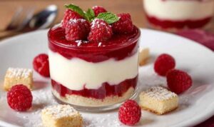 Himbeer-Mascarpone-Creme Dessert in Gläsern mit Schichten von Creme und Himbeerpüree