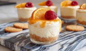 Käse-Sahne-Dessert im Glas mit Schichten von Butterkeksen und Quarkcreme