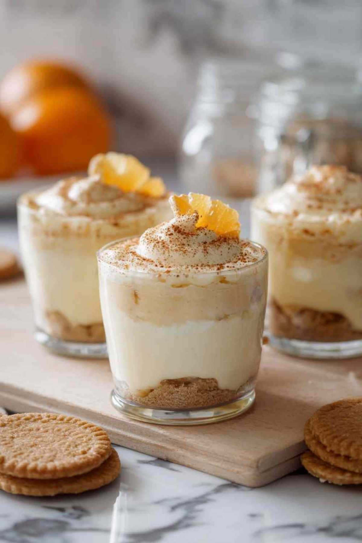Käse-Sahne-Dessert im Glas mit Schichten von Butterkeksen und Quarkcreme