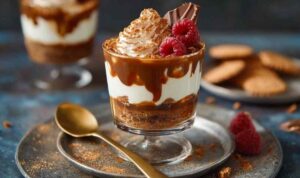 Karamell-Dessert im Glas mit sichtbaren Schichten und Keksdekoration