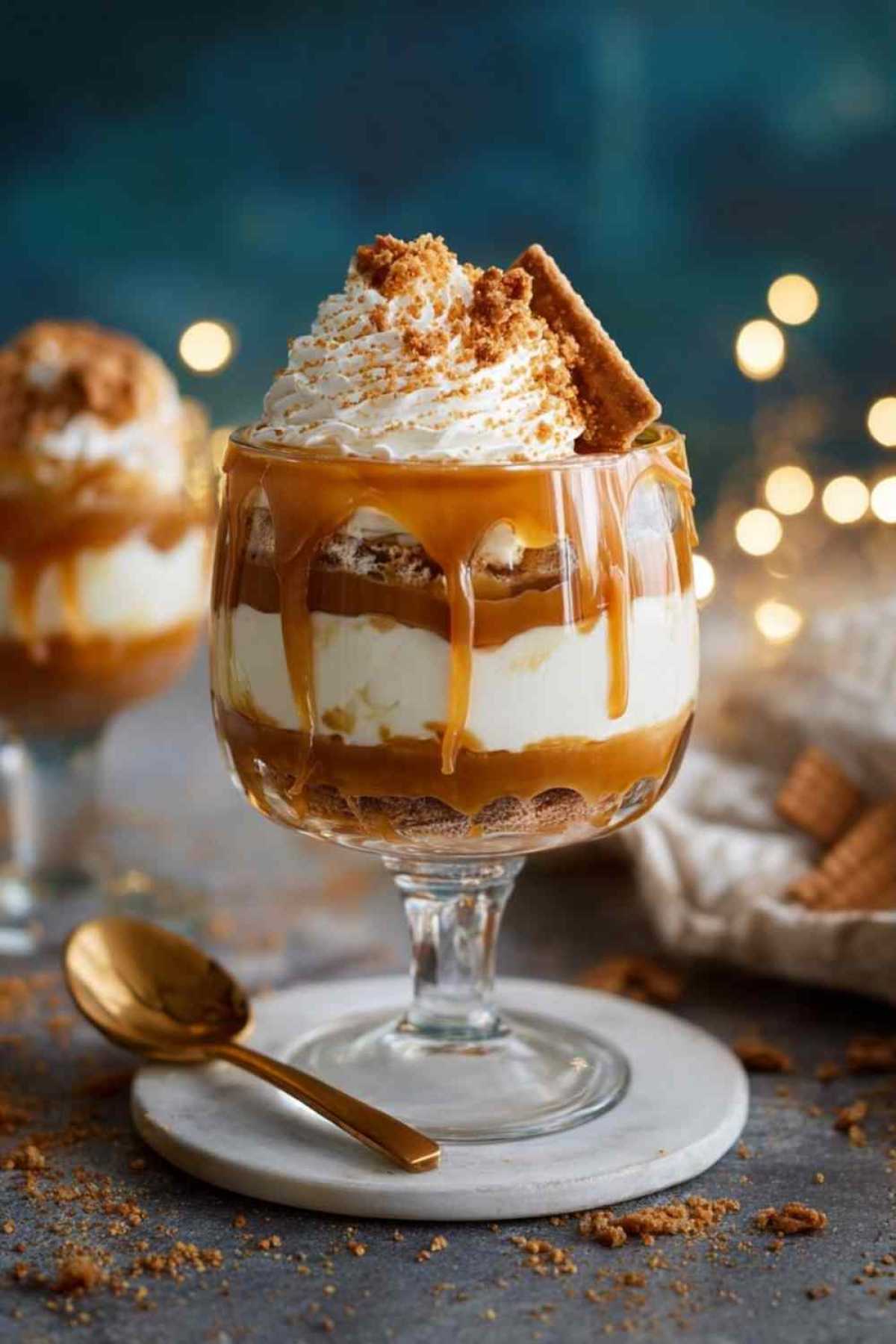 Karamell-Dessert im Glas mit sichtbaren Schichten und Keksdekoration