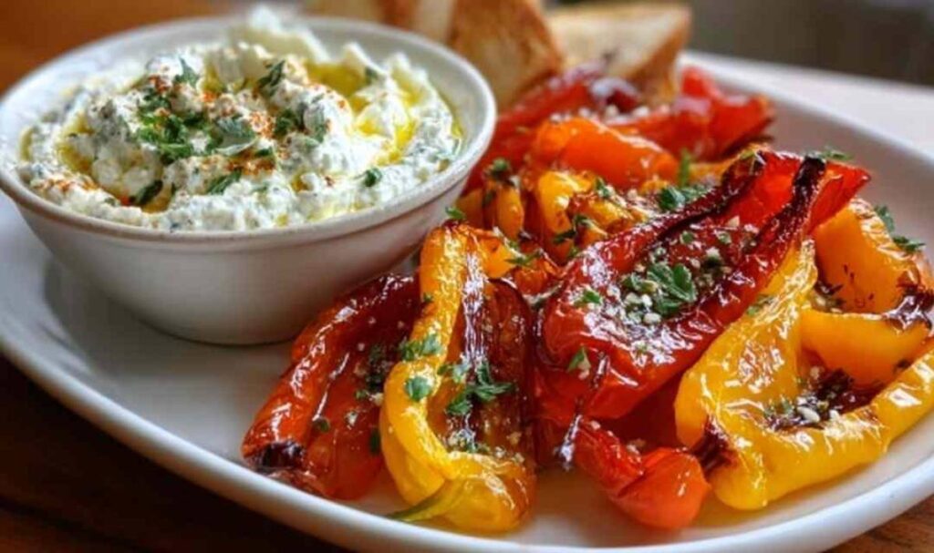 Karamellisierte bunte Paprikastreifen neben cremigem Knoblauch-Feta-Dip auf weißem Teller garniert mit Petersilie