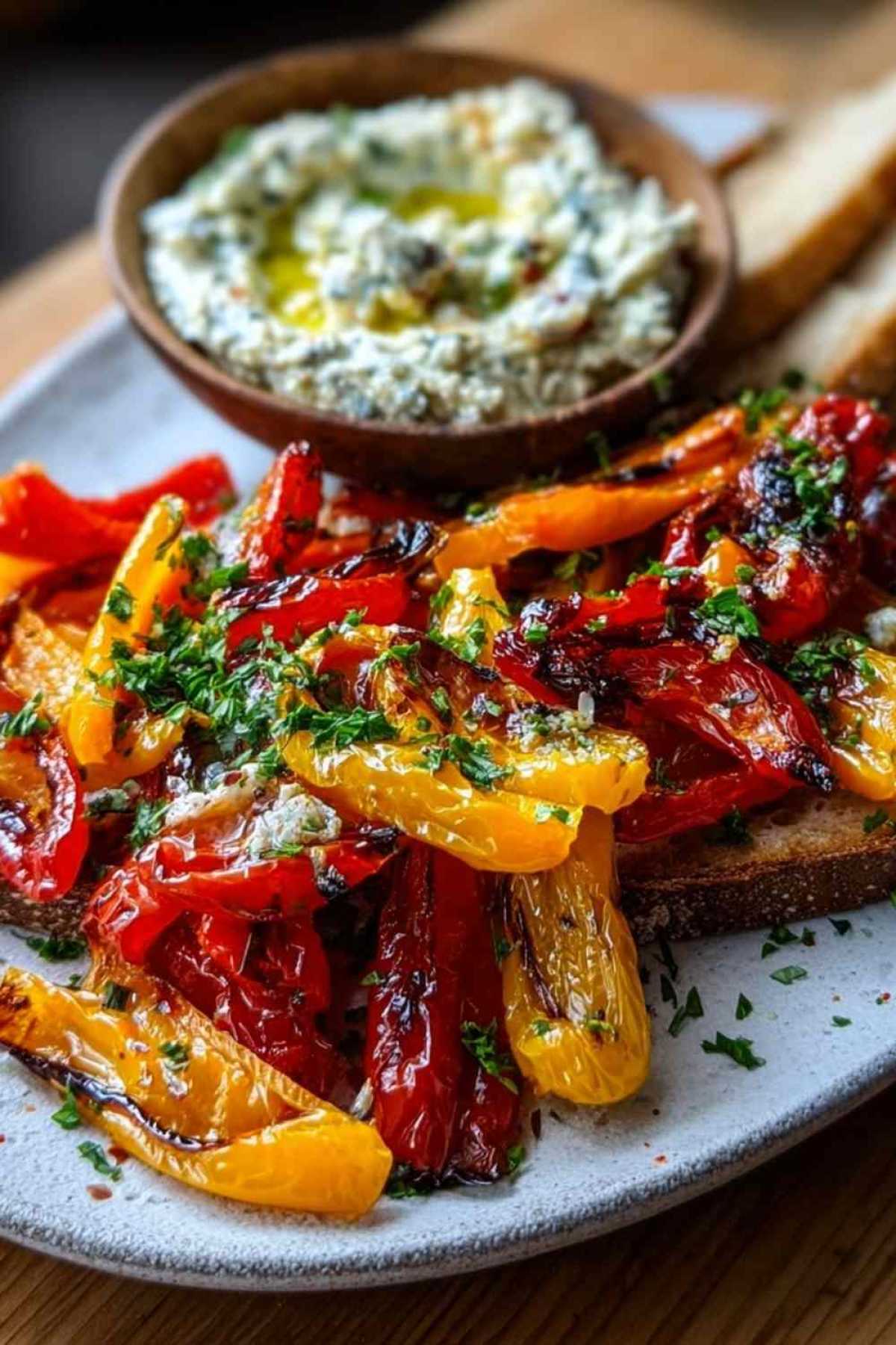 Karamellisierte bunte Paprikastreifen neben cremigem Knoblauch-Feta-Dip auf weißem Teller garniert mit Petersilie