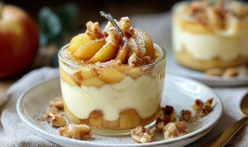 Bratapfel Dessert mit Walnussfüllung in Auflaufform frisch aus dem Ofen