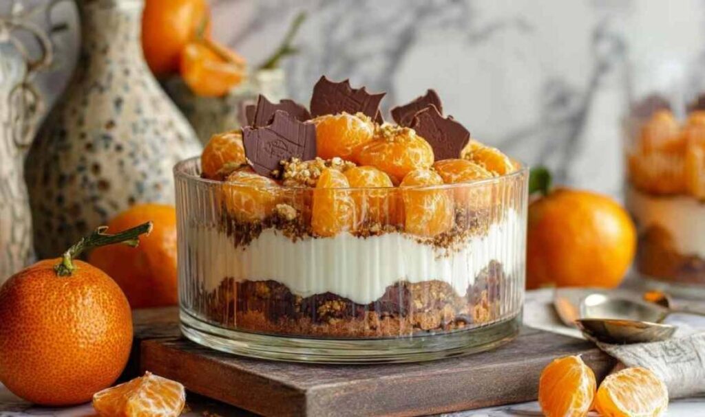 Mandarinen-Spekulatius-Dessert in Gläsern geschichtet mit Creme und Spekulatius