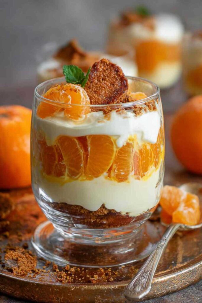 Mandarinen-Spekulatius-Dessert in Gläsern geschichtet mit Creme und Spekulatius