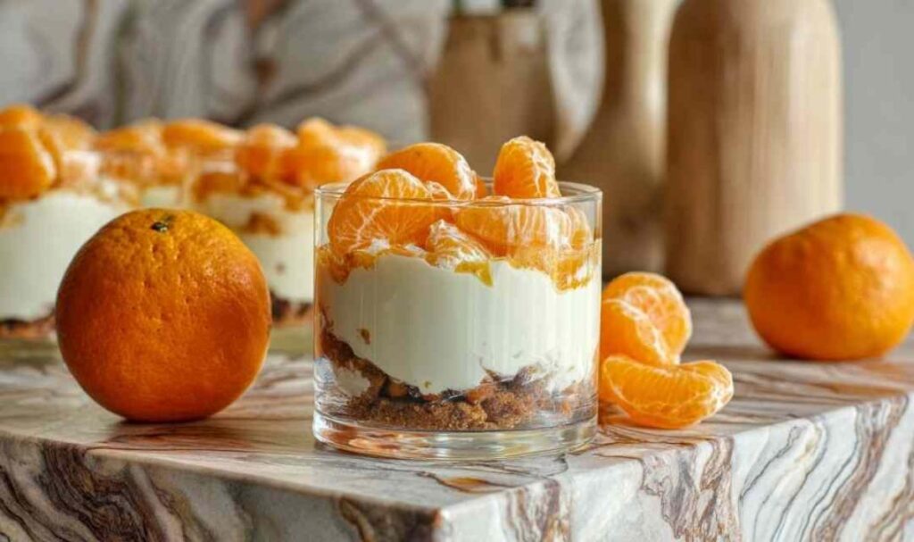 Mandarinen-Spekulatius-Dessert in Gläsern geschichtet mit Creme und Spekulatius