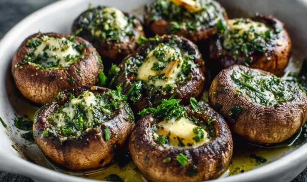 Ofen-Champignons mit Kräuterbutter auf Backblech direkt aus dem Ofen mit sprudelnder Butter