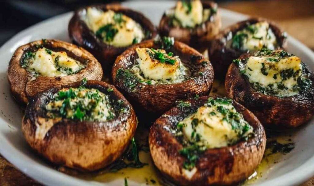 Ofen-Champignons mit Kräuterbutter auf Backblech direkt aus dem Ofen mit sprudelnder Butter