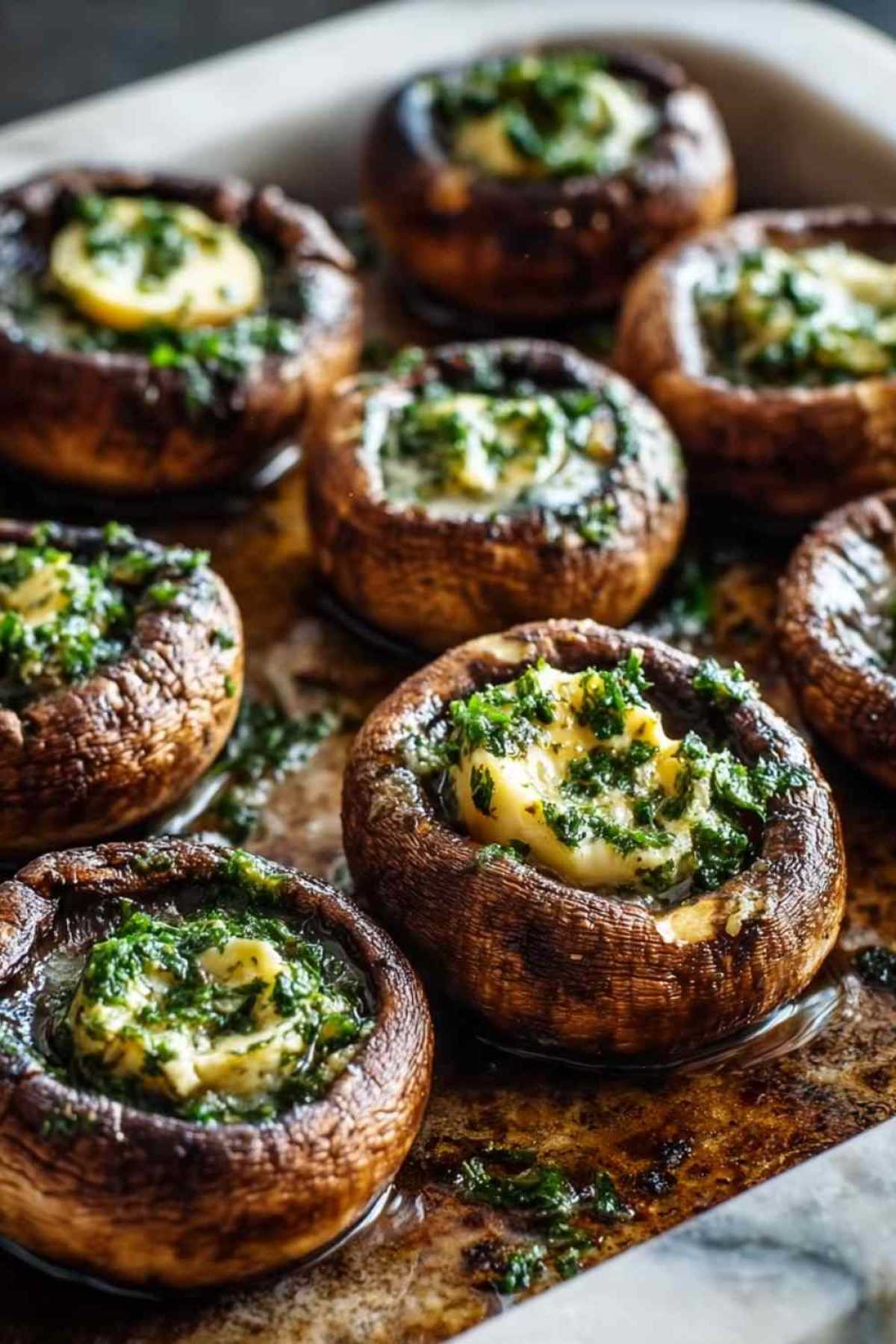 Ofen-Champignons mit Kräuterbutter auf Backblech direkt aus dem Ofen mit sprudelnder Butter