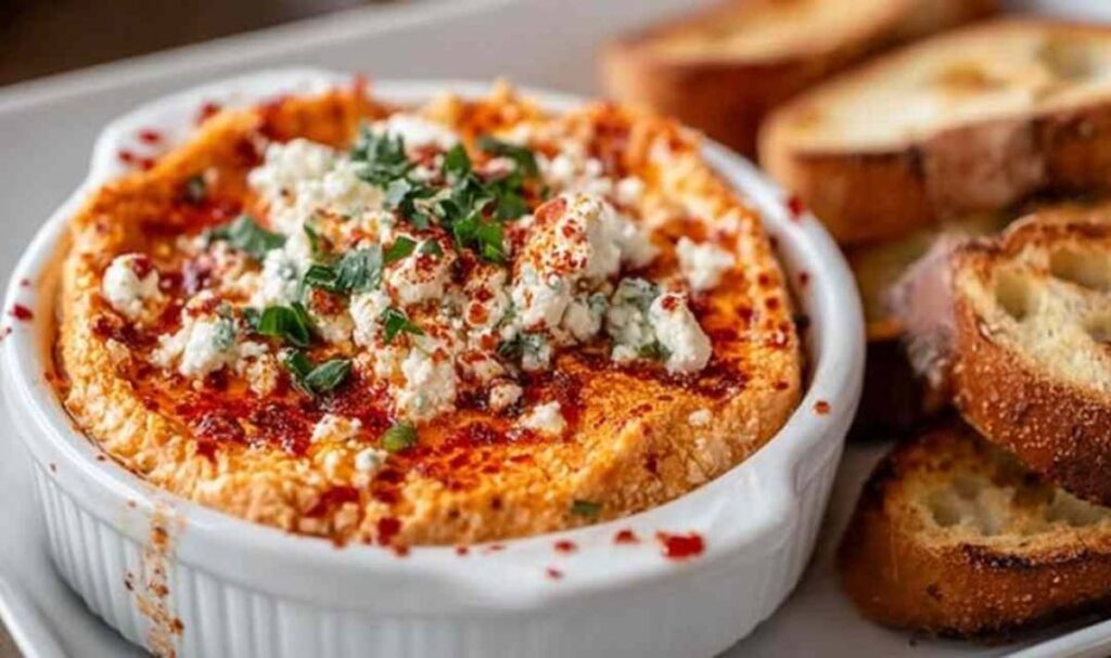Cremiger Paprika-Aufstrich mit Feta in weißer Schüssel garniert mit frischen Kräutern