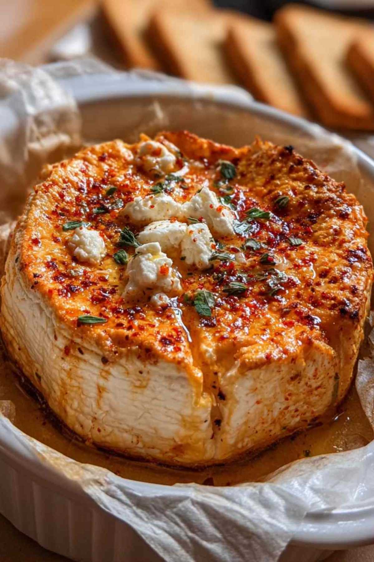 Cremiger Paprika-Aufstrich mit Feta in weißer Schüssel garniert mit frischen Kräutern