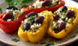 Gefüllte Paprika-Boote mit Feta und Oliven in Auflaufform vor dem Backen