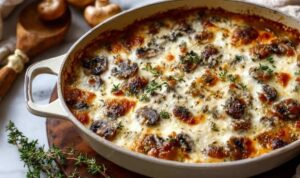 Pilz- und Käseauflauf mit goldbrauner Kruste in weißer Auflaufform