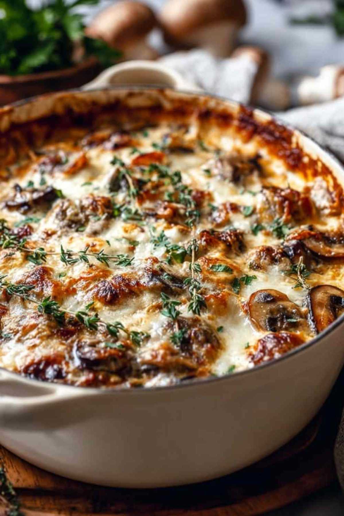 Pilz- und Käseauflauf mit goldbrauner Kruste in weißer Auflaufform
