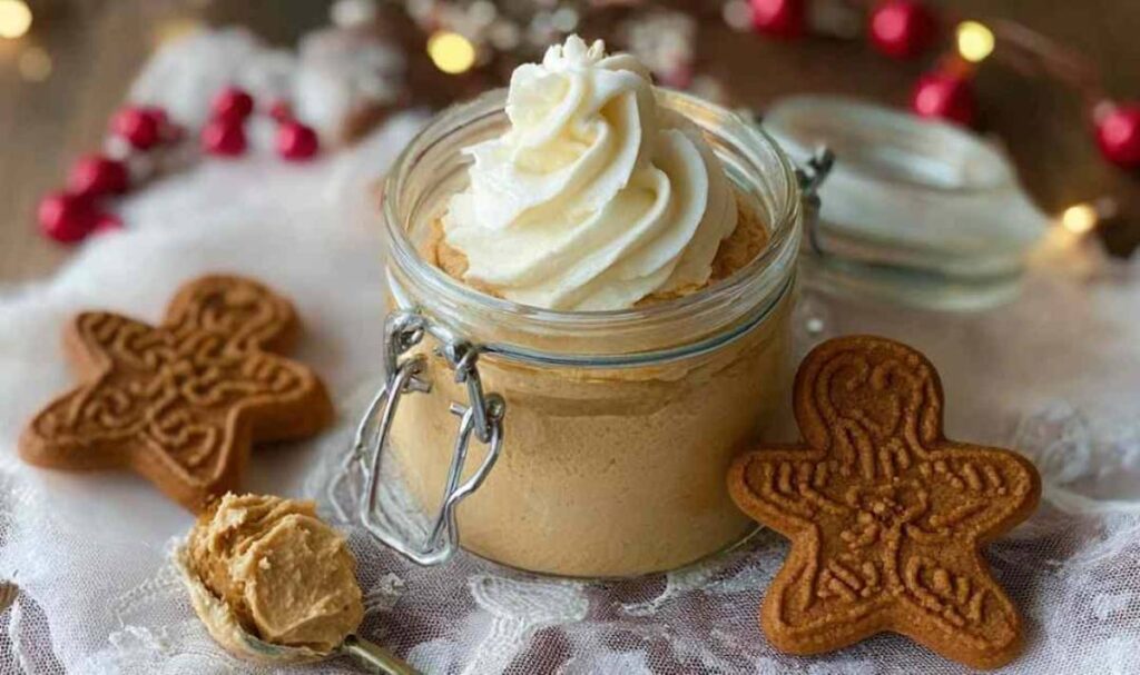 Selbstgemachte Spekulatius-Creme in einem Glas mit Löffel auf rustikalem Holztisch