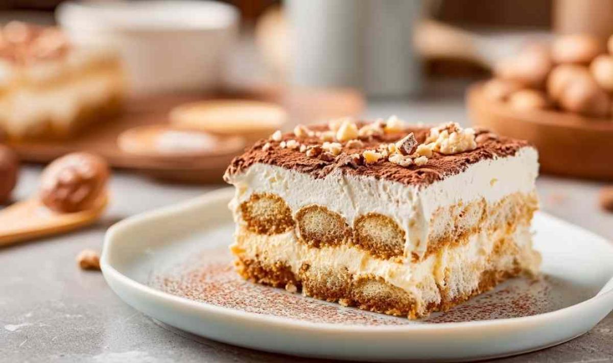 Tiramisu mit Kinder Bueno in rechteckiger Auflaufform mit Haselnüssen und Schokoladenstücken garniert
