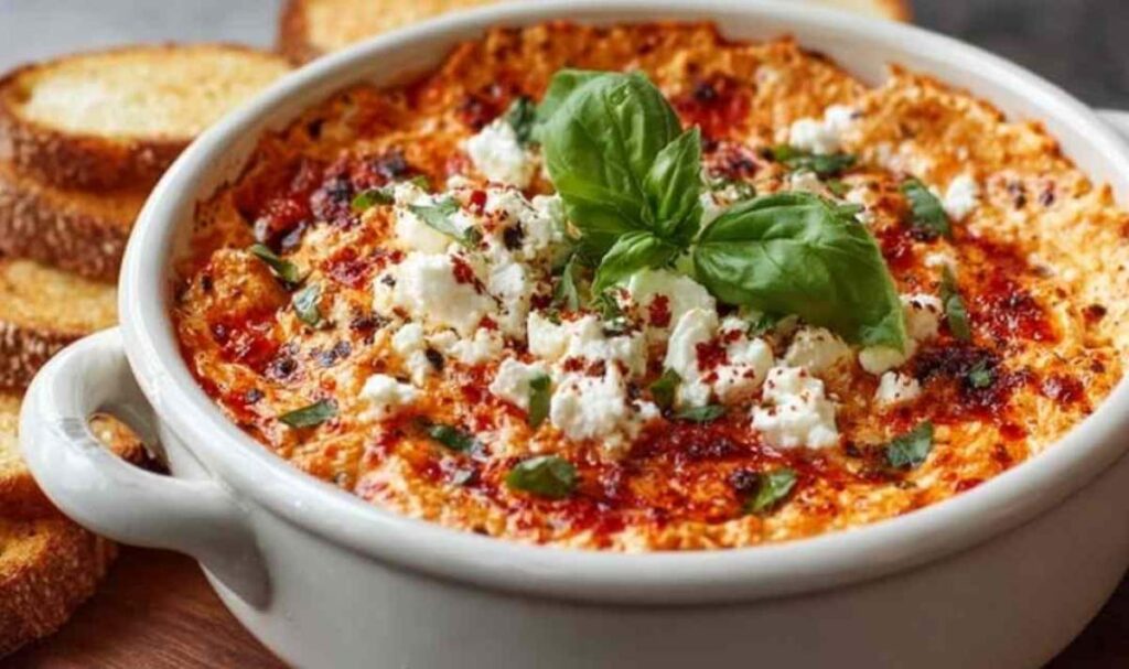 Frischer Tomaten-Feta-Dip in Schüssel mit Petersilie garniert und Fladenbrot