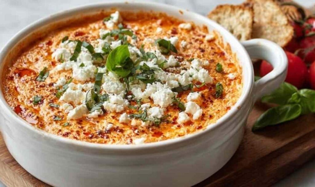Frischer Tomaten-Feta-Dip in Schüssel mit Petersilie garniert und Fladenbrot