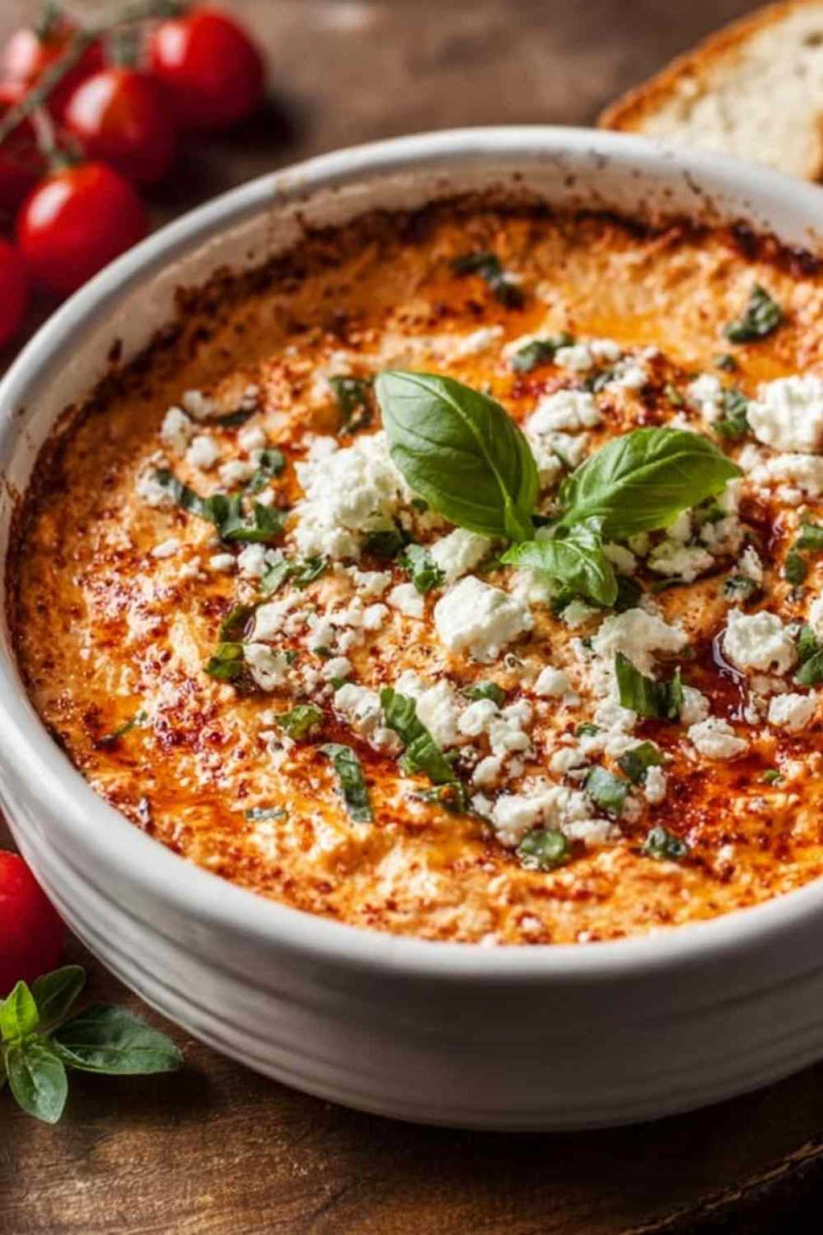 Frischer Tomaten-Feta-Dip in Schüssel mit Petersilie garniert und Fladenbrot