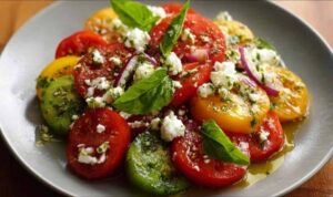 Tomaten-Feta-Salat mit Basilikum in weißer Schüssel servierfertig angerichtet