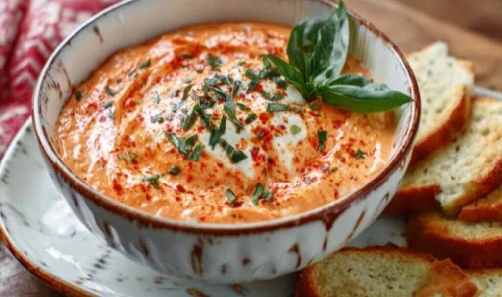 Tomaten-Frischkäse-Dip in weißer Schüssel mit frischen Kräutern garniert