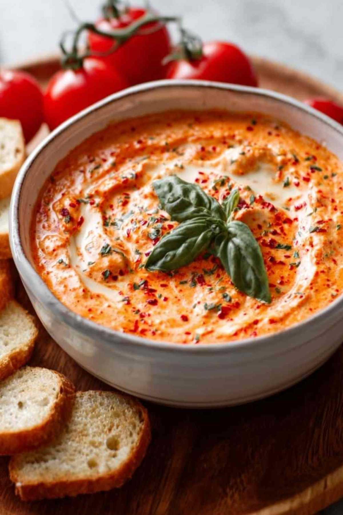 Tomaten-Frischkäse-Dip in weißer Schüssel mit frischen Kräutern garniert