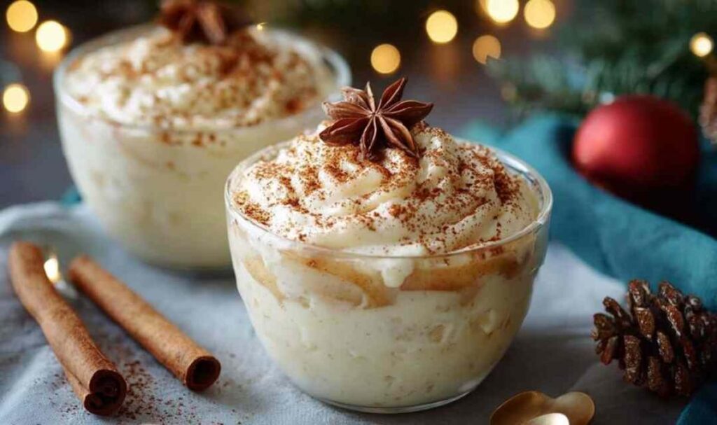 Weihnachtliche Bratapfel-Creme in Gläsern mit halbiertem Bratapfel und Puderzucker