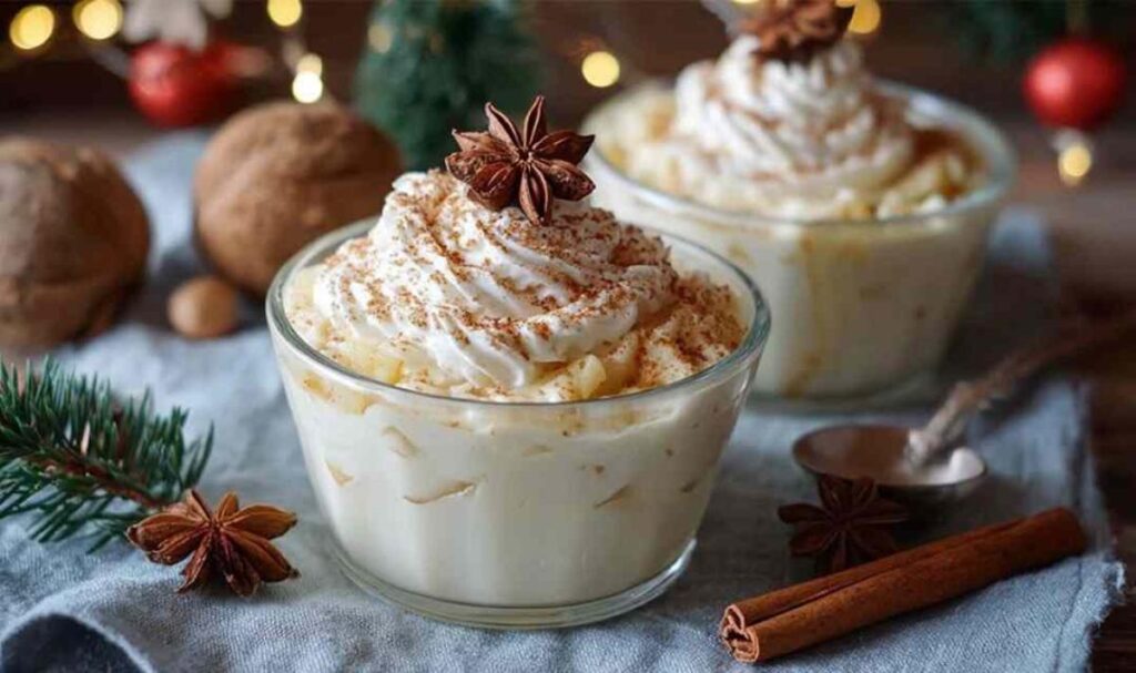 Weihnachtliche Bratapfel-Creme in Gläsern mit halbiertem Bratapfel und Puderzucker