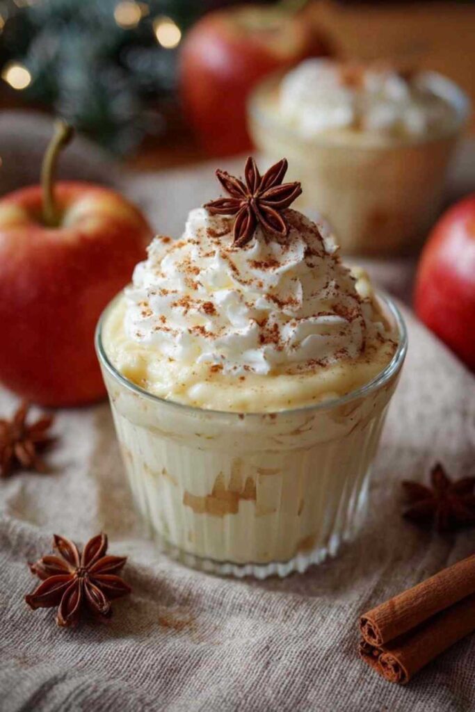 Weihnachtliche Bratapfel-Creme in Gläsern mit halbiertem Bratapfel und Puderzucker