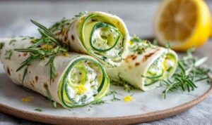 Zucchini-Frischkäse-Wraps diagonal geschnitten auf rustikalem Holzbrett mit frischen Kräutern