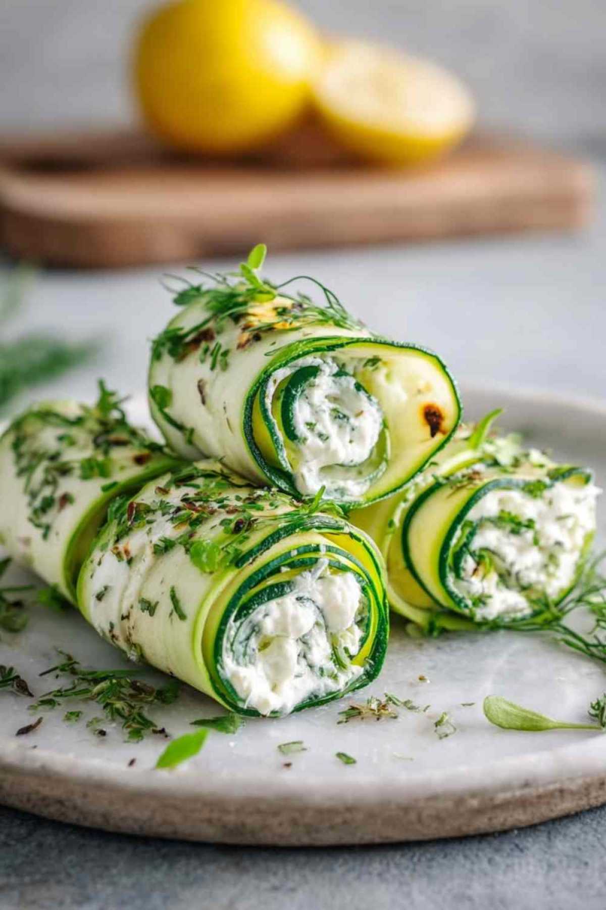 Zucchini-Frischkäse-Wraps diagonal geschnitten auf rustikalem Holzbrett mit frischen Kräutern