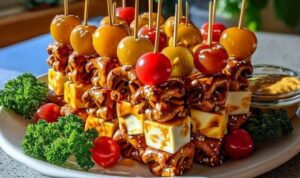 Brezel-Käse-Spieße mit süßem Senf