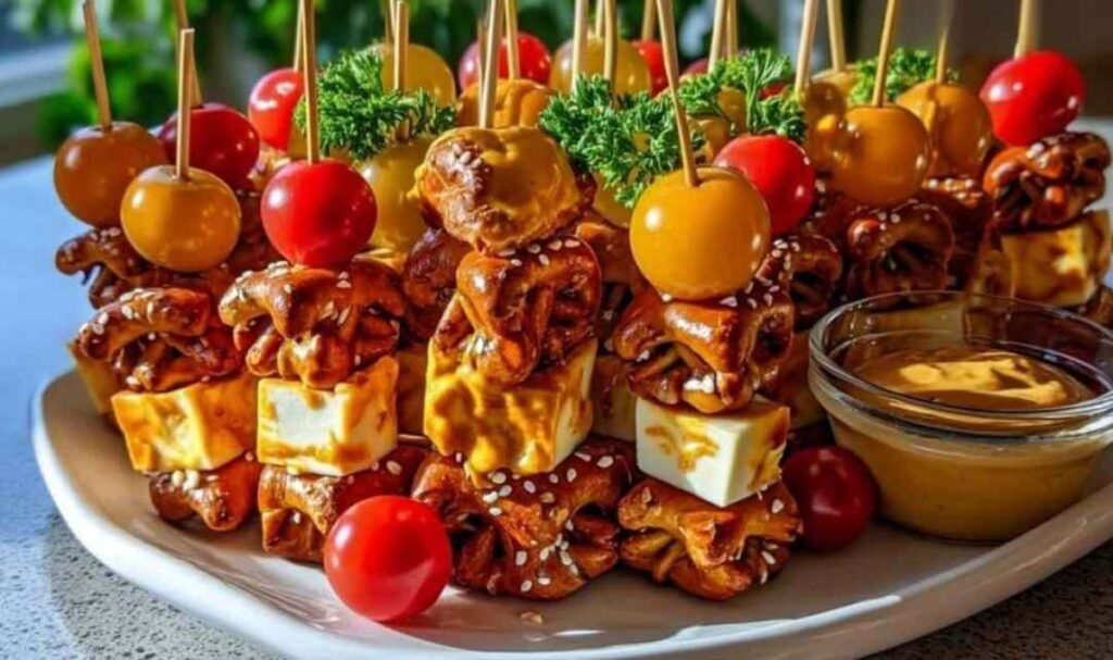 Brezel-Käse-Spieße mit süßem Senf