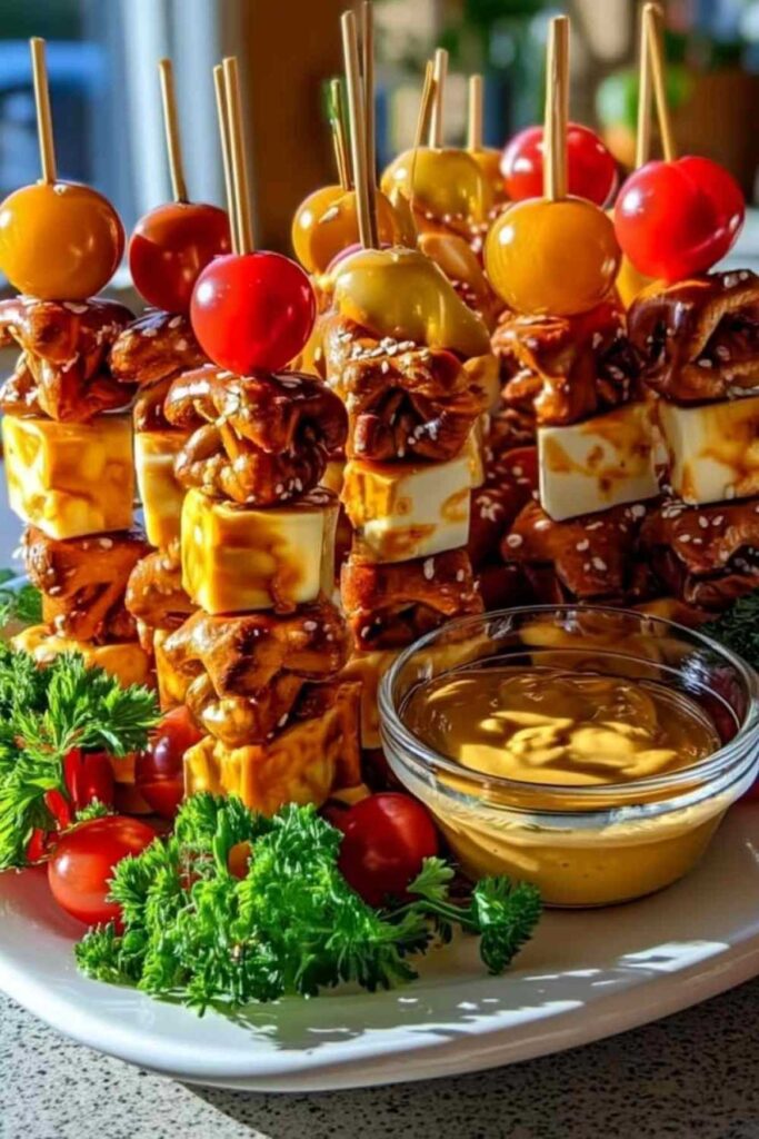 Brezel-Käse-Spieße mit süßem Senf