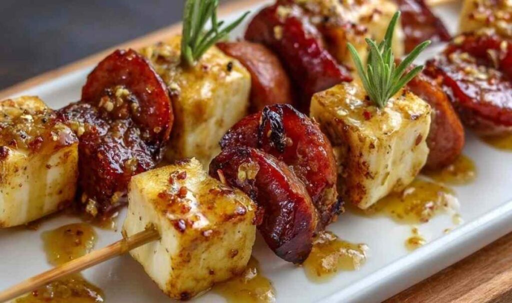 Käse-Wurstspieße mit Senfglasur